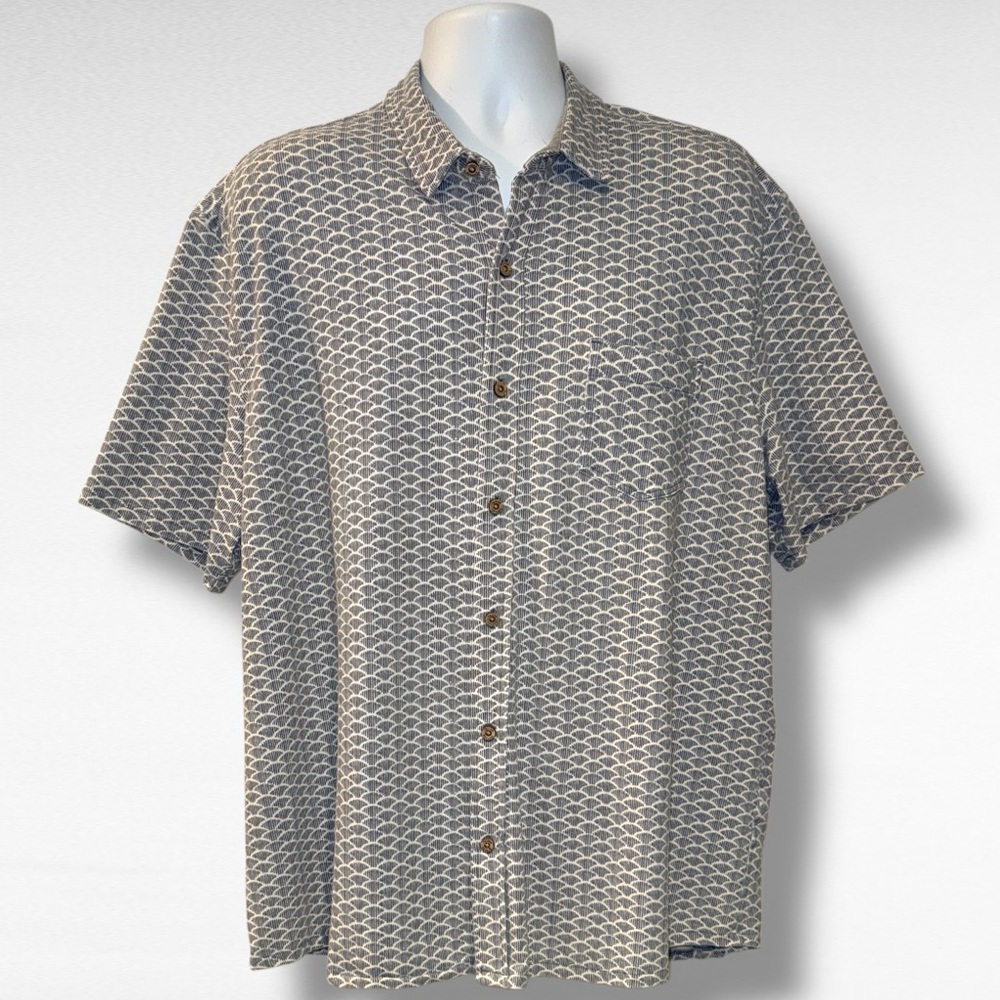 Tailor Vintage XXL Short Sleeve Button-Up Shirt Gray Blue Geometric Pattern